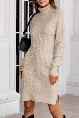 Apricot Turtleneck Pullover Textured Pattern Bodycon Sweater Dress with Slits e4185