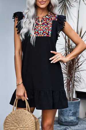 Black Boho Print Pompom Sleeve Shift Dress 1ac57