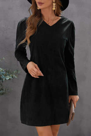 Black Long Puff Sleeve Ribbed Mini Dress 5fd88