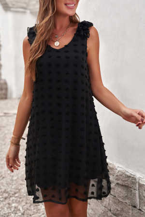 Black Swiss Dot V Neck Ruffled Sleeveless Mini Dress eda9a