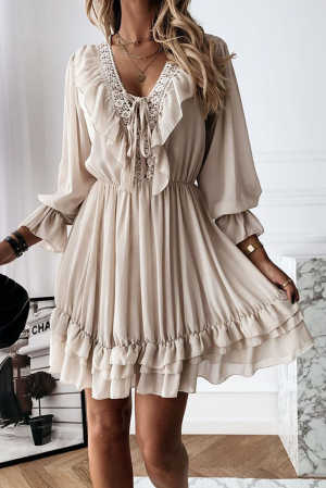 Beige Lacy V Neck Ruffled Mini Dress 66a77