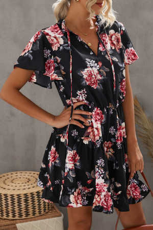 Black Floral Print Split Neck Flutter Sleeve Flowy Tunic Mini Dress ab4fd