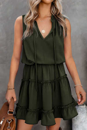 Green Sleeveless V Neck Ruffled Swing Mini Dress a3722