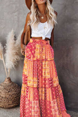 Orange Tiered Paisley Print Pocketed Maxi Skirt 30bee