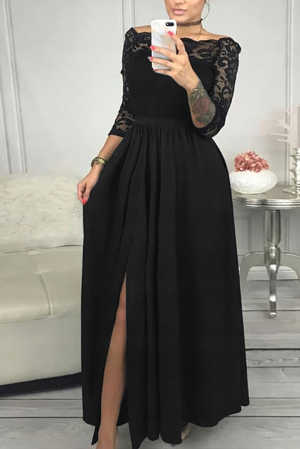 Black Off Shoulder Lace Bodice High Waist Maxi Skirt Evening Dress 77d62