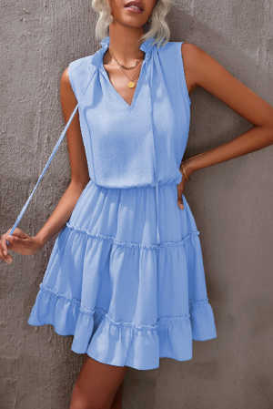 Sky Blue Sleeveless V Neck Ruffled Swing Mini Dress 0b037