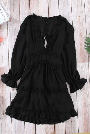 Black V Neck Ruffle Detailing Open Back Dress 12dc1