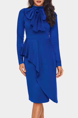 Royal Blue Asymmetric Peplum Style Pussy Bow Dress c09c2