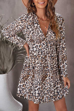 Leopard Ruffle V Neck Long Sleeve Tunic Mini Dress 0d34b