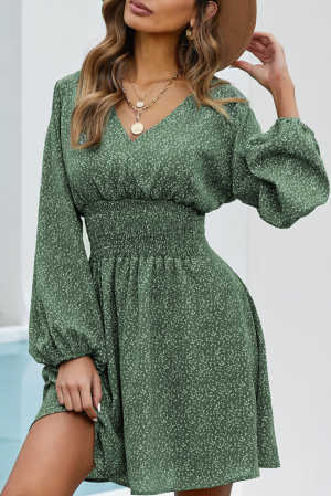 Green V Neck Balloon Sleeve Smocked Waist Printed Mini Dress d62af