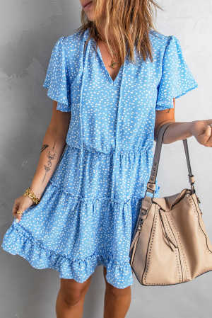 Blue Dotted Print Split Neck Flutter Sleeve Flowy Tunic Mini Dress cd720