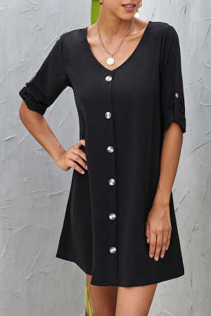 Black V Neck Button Front Roll up Tab Sleeve Dress 5b8ee