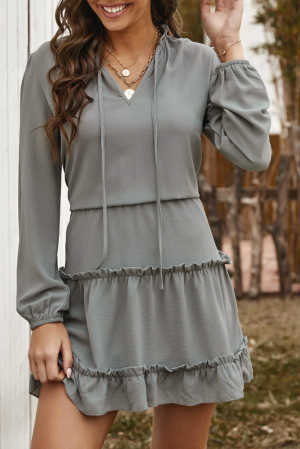 Gray V Neck Long Sleeve Ruffle Tiered Mini Dress fcc77