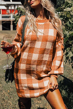 Orange Plaid Sweater Dress e7419