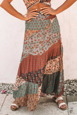 Multicolor Boho Print Tie-Up Waist Long Maxi Skirt 6d034