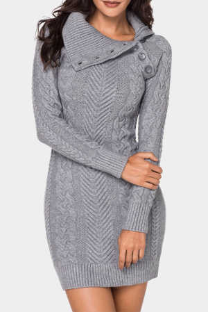 Asymmetric Buttoned Collar Grey Bodycon Sweater Dress 3fb3d