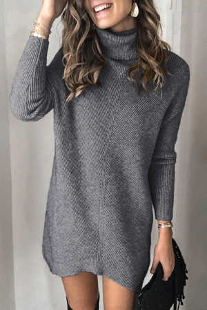 Gray Turtleneck Long Sleeve Knitted Sweater Dress 8c051