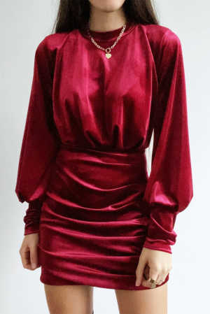 Wine Mock Neck Long Sleeve Ruched Velvet Mini Dress with Hollow-out Back 52f8e