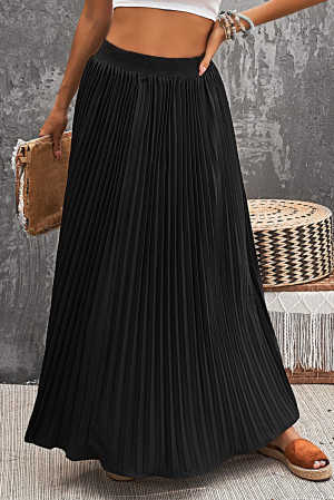 Black High Waisted Pleated Maxi Skirt 99115