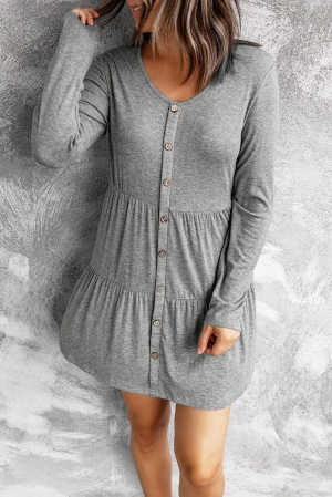 Gray Buttoned A-Line Long Sleeve Mini Dress cfe93