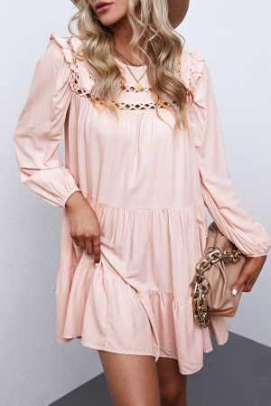 Pink Crewneck Lantern Sleeve Hollow-Out Tiered Dress with Pocket 28a3b