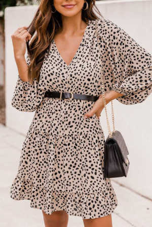 Leopard Print Bubble Sleeve Ruffled V Neck Mini Dress a82fc