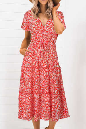 Red Floral Warp V-Neck Short Sleeve Midi Dress 5808e