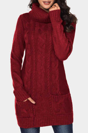 Red Cowl Neck Cable Knit Sweater Dress 95150