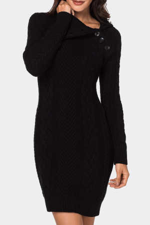 Asymmetric Buttoned Collar Black Bodycon Sweater Dress f2e01