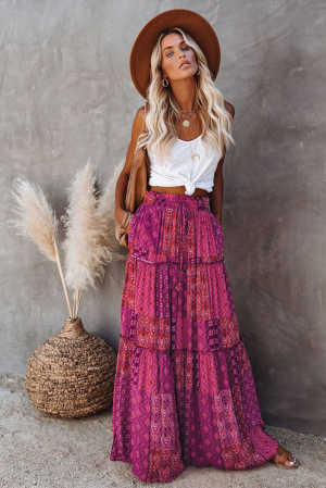 Purple Tiered Paisley Print Pocketed Maxi Skirt f65f7