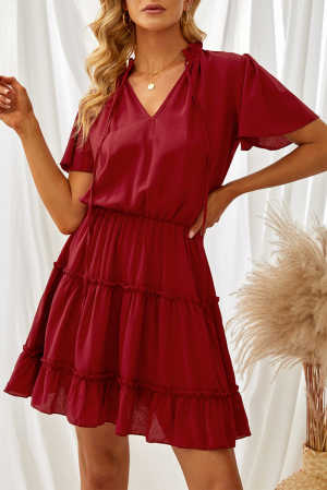 Wine Red V Neck Ruffled Swing Mini Dress 5fe6e