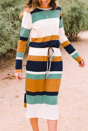 Green Multicolor Block Drawstring Waist Long Sleeve Midi Dress 799bf