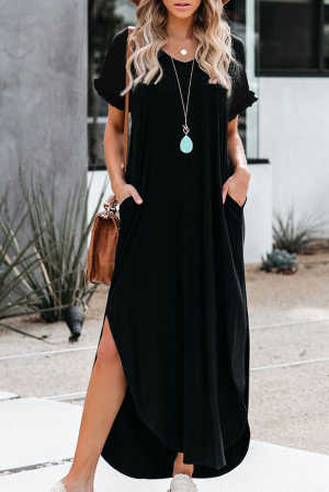 Black Loose Fit Cotton Blend V Neck Maxi Dress with Slits 204c4