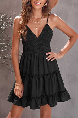 Black Spaghetti Straps V Neck Lace Bodice Ruffled Mini Dress cfc23