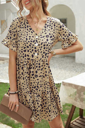 Leopard V Neck Ruffled Mini Dress with Buttons 705a2