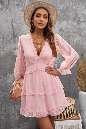 Pink Layered Ruffled Open Back Puff Sleeve Swiss Dot Mini Dress f5c5e