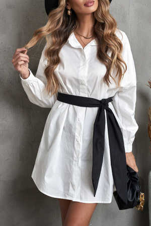 White Boyfriend Oversize Long Sleeve Shirt Dress with Belt 197da