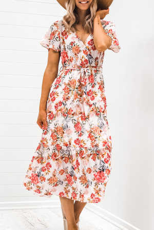 Floral Warp V-Neck Short Sleeve Midi Dress 70f80