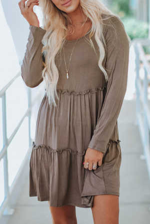 Gray Long Sleeve Ruffled Solid Swing Mini Dress e0f35