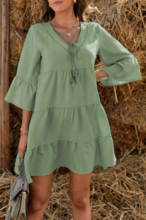 Green Cotton Tiered Babydoll Tunic Dress 14a23