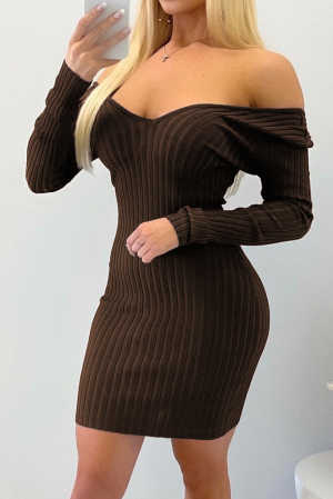 Brown Off the Shoulder Ribbed Bodycon Mini Dress ce357