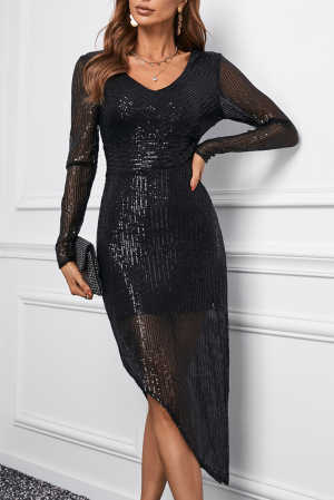 Black V Neck Long Sleeve Asymmetric Sequin Dress b14db