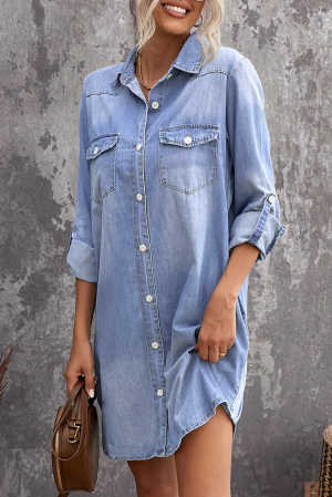 Long Sleeve Pocket Buttoned Denim Shirt Dress 16806