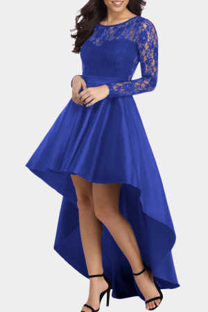 Royal Blue Long Sleeve Lace High Low Satin Prom Dress 4bc40