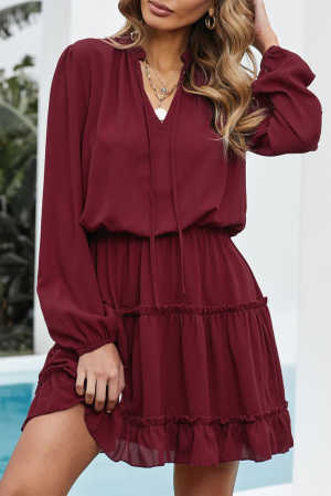 Wine V Neck Long Sleeve Ruffle Tiered Mini Dress 87ac7