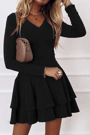 Long Sleeve V Neck Tiered Ruffle A-line Mini Dress cbd3d