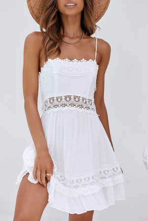 White Crochet Hollow-out Slip Dress with Ruffled Hemline a1f02