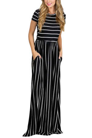 White Striped Black Short Sleeve Maxi Dress 581df