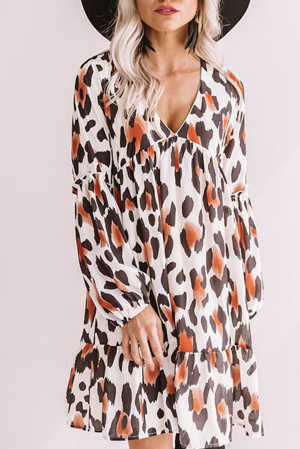 Leopard Print Long Sleeve Ruffle Babydoll Dress d2134