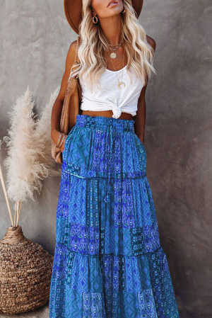 Tiered Paisley Print Pocketed Maxi Skirt 8538a